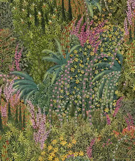 Botanical jungle wallpaper mural featuring layered tropical foliage and dense floral textures in a painterly scenic composition.