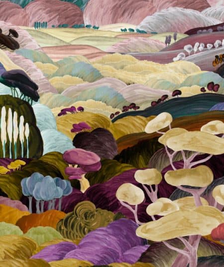 Tuscan panoramic wallpaper mural depicting layered rolling hills and stylized trees in a painterly fine art landscape composition.