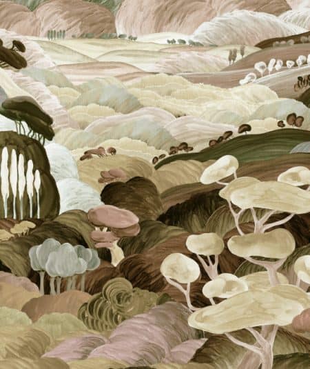 Left panel detail of Tuscan scenic wallpaper mural showing soft mountain gradients and hand-painted botanical textures.