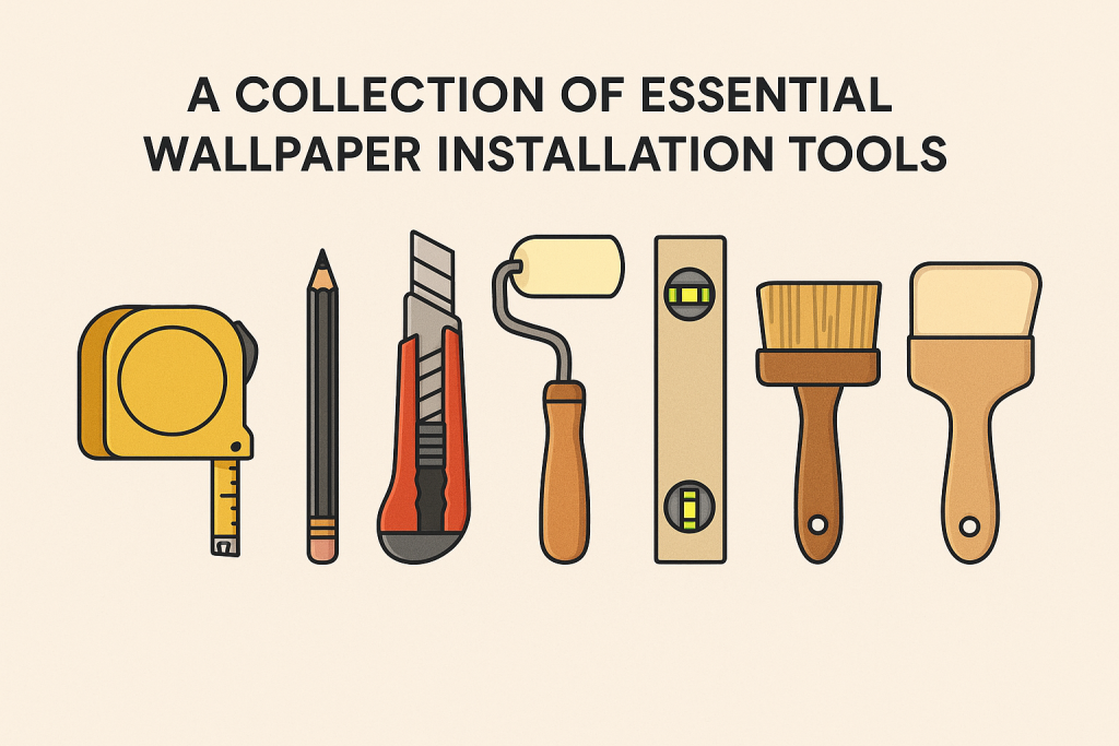 A collection of essential wallpaper installation tools.