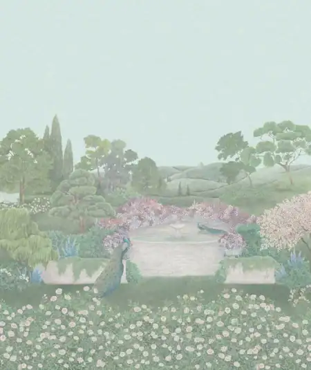 Murale panoramique Idyll Cole & Son, design floral pastel pour salon ou chambre.