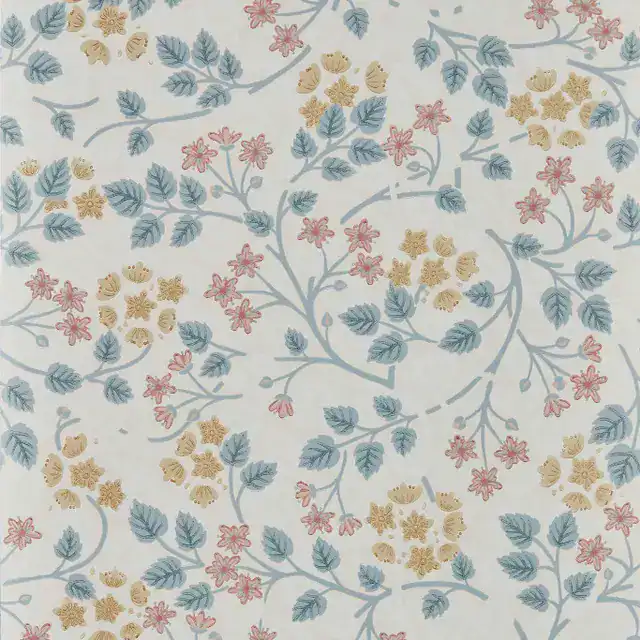 Elegant botanical wallpaper with blue, pink, and gold floral design for sophisticated interiors.