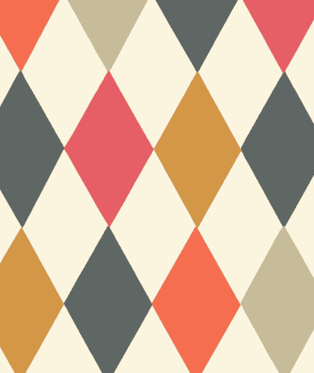 Punchinello geometric wallpaper by Cole & Son in bold red, ochre, charcoal, and cream diamond pattern.