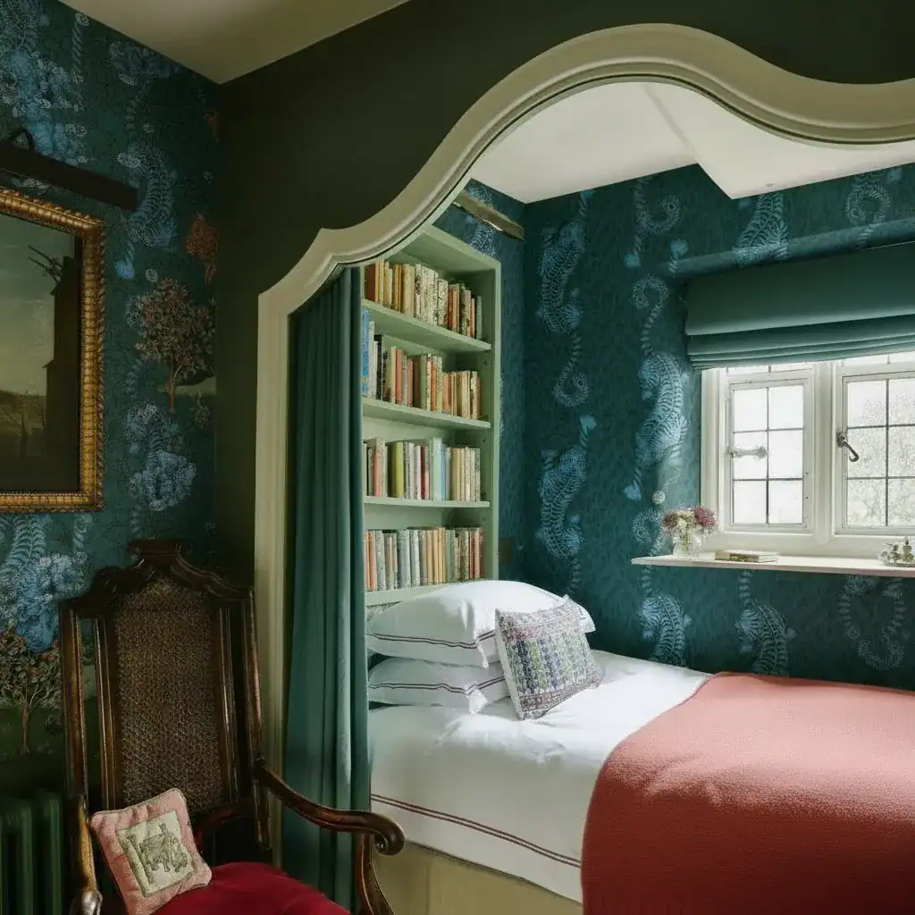 Papier peint Empire bleu foncé pour chambre élégante et sophistiquée.