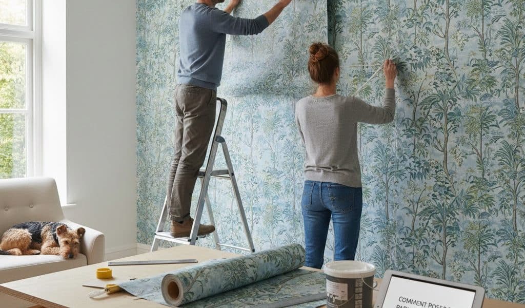 Installation professionnelle de papier peint intissé Sanderson - Pose par encollage au mur avec brosse de lissage et cutter