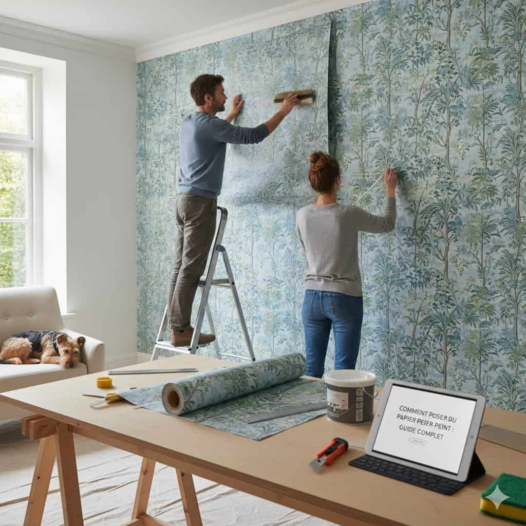 Installation professionnelle de papier peint intissé Sanderson - Pose par encollage au mur avec brosse de lissage et cutter