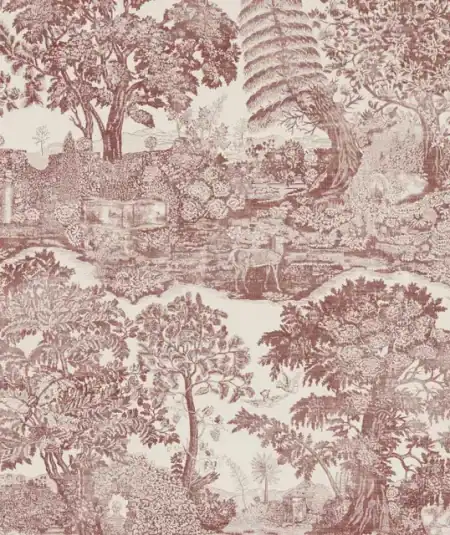 Papier peint Highgrove Toile Sanderson coloris Oak, paysage pastoral brun terre.