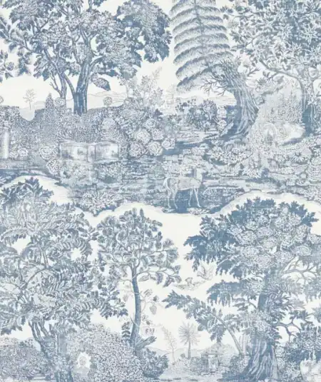 Papier peint Highgrove Toile Wedgwood Sanderson, bleu classique et blanc.