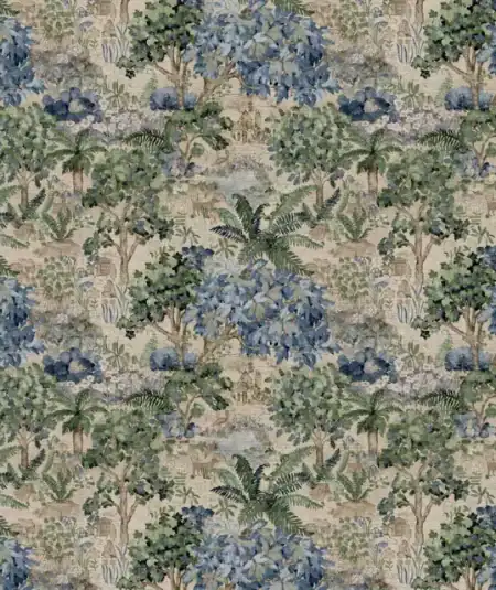 Une palette de verts profonds, de bleus et de tons terreux illustrant un habitat sauvage luxuriant et mystérieux.