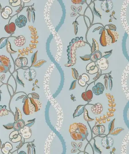 Papier peint Kitchen Garden Sanderson Mineral Gooseberry, tons bleu minéral et vert groseille.