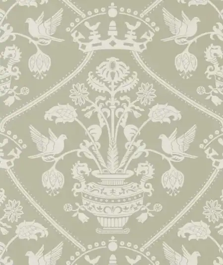 Papier peint Sanderson Highgrove Damask Silver Green, vert sauge et argenté.