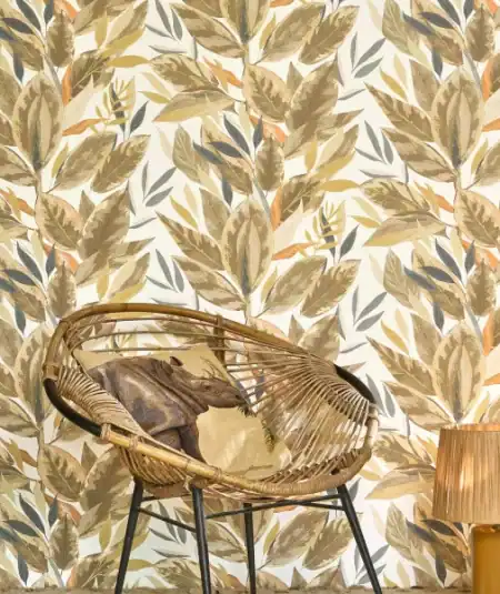 Mur d'accent jungle tropicale avec papier peint Ficus Beige Lin à Montréal