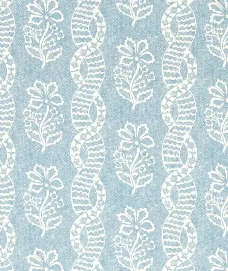 A high-resolution pattern shot of the Dabu Stripe Wedgwood Blue wallpaper from Empire Wallpaper, featuring a twisting stripe and delicate floral sprigs. The design is inspired by traditional Indian mud-resist techniques and set against a subtle polka dot background. The classic Wedgwood blue tones offer a sophisticated, artful, and textured aesthetic, perfect for adding character to high-end contemporary interior spaces.