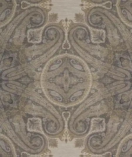 Elswick Paisley Blue Umber pattern shot, showcasing oversized paisley design and kaleidoscopic star bursts.