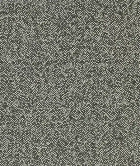 Close-up of Zoffany Guinea Blue Stone wallpaper featuring delicate guinea fowl feather motifs in a finely detailed dotted pattern, creating a textured surface in soft blue-grey tones with a refined, nature-inspired appearance.