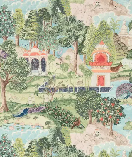 Peacock Garden Green/Coral wallpaer pattern, showcasing intricate details of fruit-laden trees, lotus flowers, and peacocks in a poetic Indian garden setting. This iconic design by Melissa White brings historical grandeur to any interior.
