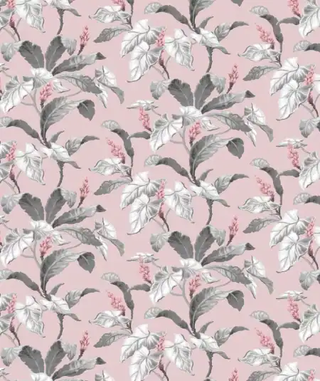 Style et patron du Papier peint tropical Meridian Parade Pink M1690 avec feuillage rose et gris pictural, disponible chez Empire Wallpaper Montréal.