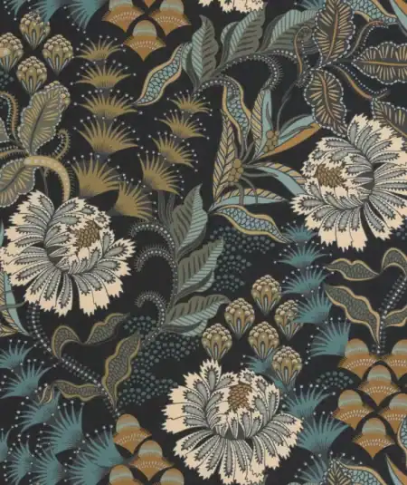 Casadeco Bloomsbury wallpaper with bold English floral motifs and elegant decorative foliage.