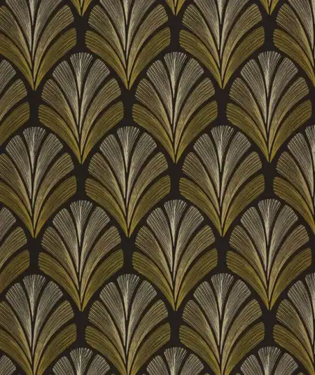 Art Deco feather motif wallpaper in tobacco brown and metallic gold tones from Casadeco Folies St James collection.