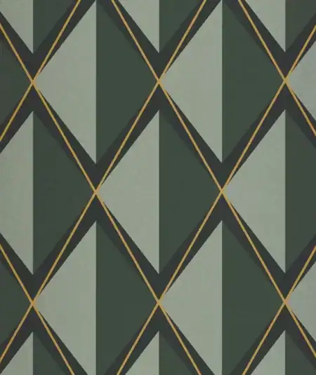 Papier peint Empire, style moderne avec motifs géométriques verts, parfait pour un salon contemporai.