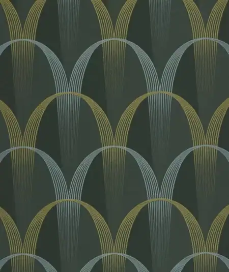Entrée des Artistes wallpaper pattern showing green Vert Taiga arches with subtle iridescent highlights.
