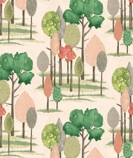Tall Trees botanical wallpaper by Ohpopsi featuring slender forest trees in soft green and earthy tones.
