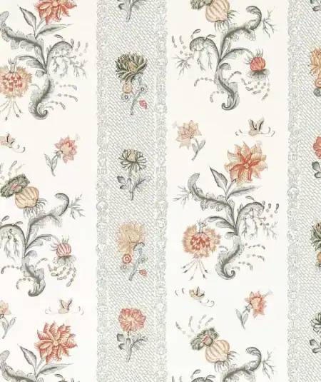 Papaver stripe wallpaper in soft pastel tones, perfect for a vintage-inspired living room.