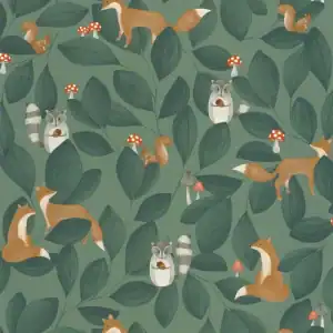 Woodland Friends wallpaper featuring foxes, squirrels, raccoons, and mushrooms among leafy forest branches.
