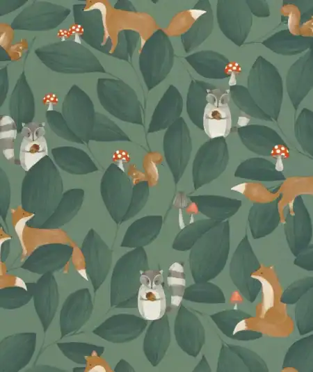 Woodland Friends wallpaper featuring foxes, squirrels, raccoons, and mushrooms among leafy forest branches.