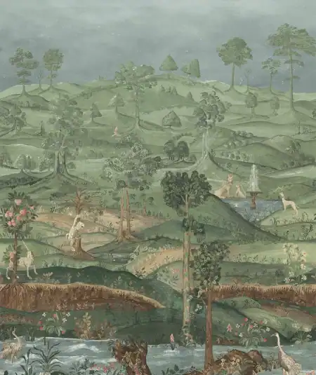 ROYAL GREEN Murale de papier peint panoramique Royal Park Panel en couleur Royal Green par G P & J Baker, illustrant un paysage fantastique inspiré des tapisseries de Hampton Court.