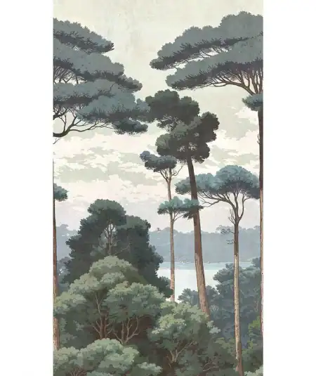 Gros plan sur le motif répétitif du décor mural Natural Serenity montrant les détails des troncs d'arbres et les nuances de sarcelle et gris.