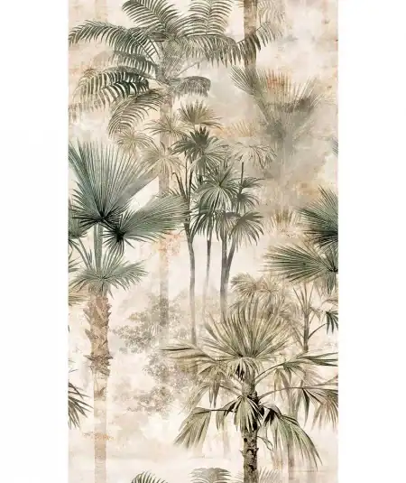 Papier peint mural tropical dans une chambre, évoquant la sérénité avec des palmiers verts et beige,.