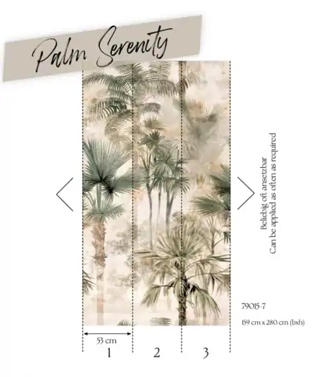 Composition visuelle mettant en avant l'aspect brumeux et atmosphérique du panoramique de palmiers Metropolitan Stories.