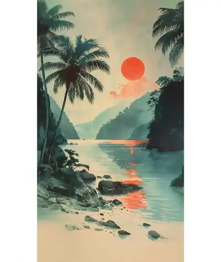 Tapisserie murale tropicale avec coucher de soleil, idéale pour un salon ou une chambre, style métro.