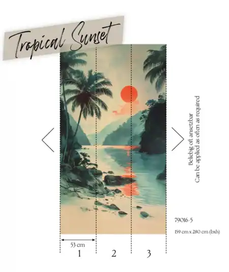 Papier peint tropical Sunset pour salon moderne, style métropolitain, ambiance chaleureuse et relaxa.