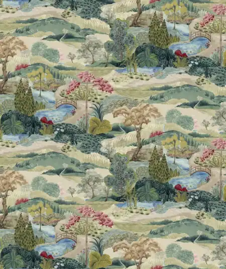 murale papier peint Hawthorne Hill Forest Reverie Détail du motif aquarelle du papier peint Hawthorne Hill Forest Reverie, montrant les coups de pinceau sur les fleurs et le feuillage.