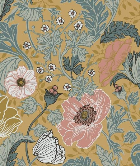 Papier peint Anemone dans une salle à manger, style floral vintage, couleurs pastel et motifs délica.