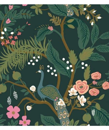 Papier peint décoratif avec paon dans un style tropical vert et rose, parfait pour une pièce élégant.