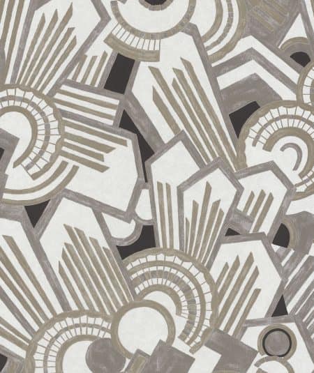 Papier peint Ellington gris et blanc pour salon moderne, style Art Déco, chez Empire Wallpaper.