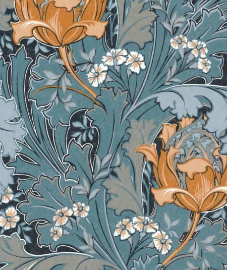 Papier peint Empire floral bleu et or dans une pièce élégante, parfait pour un décor sophistiqué et.
