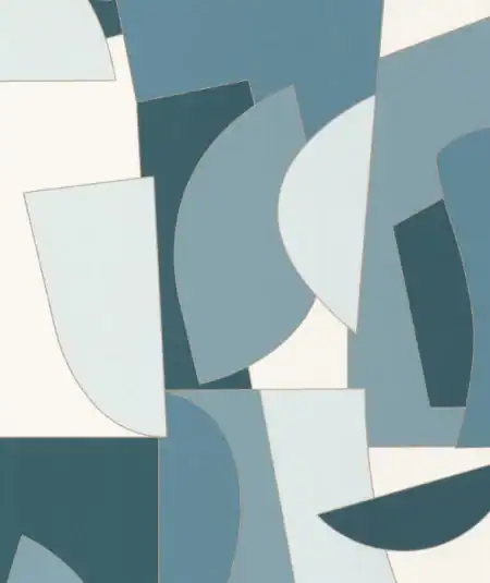 Papier peint Empire avec motifs géométriques bleus, parfait pour un salon contemporain.