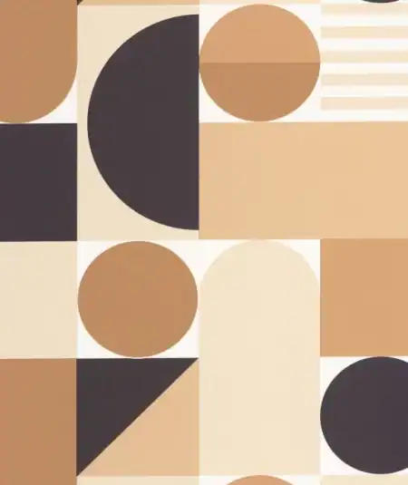 Papier peint moderne avec motifs géométriques en beige, noir et blanc pour un salon élégant.