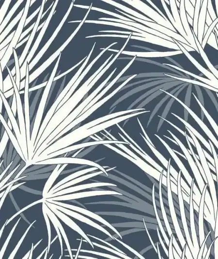 Papier peint tropical bleu pour salon ou chambre, style moderne et naturel.