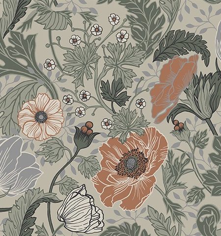 Papier peint floral vert et orange, style Empire pour salon ou chambre.