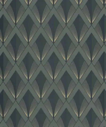 Papier peint Chrysler pour salon avec motif géométrique en tons gris foncé et or, style Art Déco.