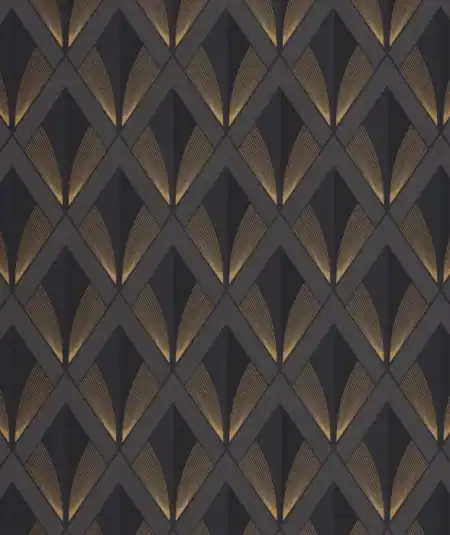 Papier peint Chrysler noir et or, style Art Déco, parfait pour un salon sophistiqué.