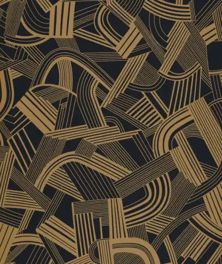 Papier Peint Musique - Empire Wallcovering, style moderne avec motifs musicaux dorés sur fond noir.