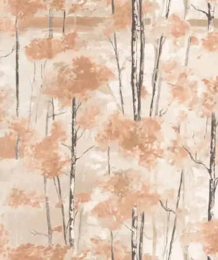 Papier peint Scandinave avec arbres aux tons orangés et gris, parfait pour un salon moderne.