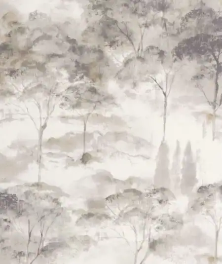Papier peint Sila avec motif de forêt en tons neutres pour salon ou chambre.