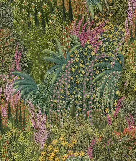 Papier peint Cascade de couleurs vertes et florales pour un salon élégant.